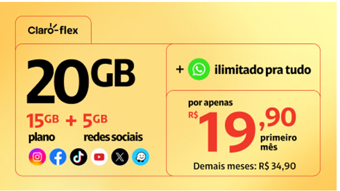 Claro Flex: 20GB (15GB plano + 5GB redes sociais) com WhatsApp ilimitado por R$ 19,90 no primeiro mês